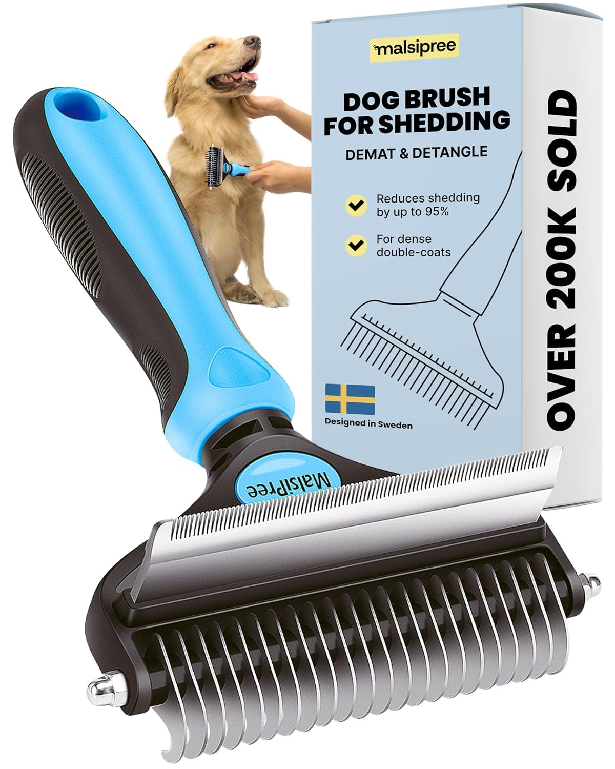 Dog Grooming Brush for Shedding - 2 in 1 Deshedding Tool and Undercoat Rake for Long and Short Haired Dogs with Double Coat - Dematting Comb and Pet Hair Deshedder Supplies (Large, Blue)