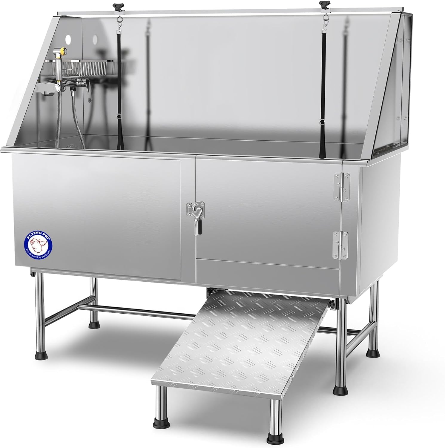 62" Stainless Steel Pet Dog Bath Tub with Faucet (Right Door/Left Drain), 62 X 27 X 58