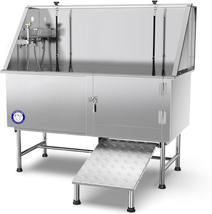 62" Stainless Steel Pet Dog Bath Tub with Faucet (Right Door/Left Drain), 62 X 27 X 58