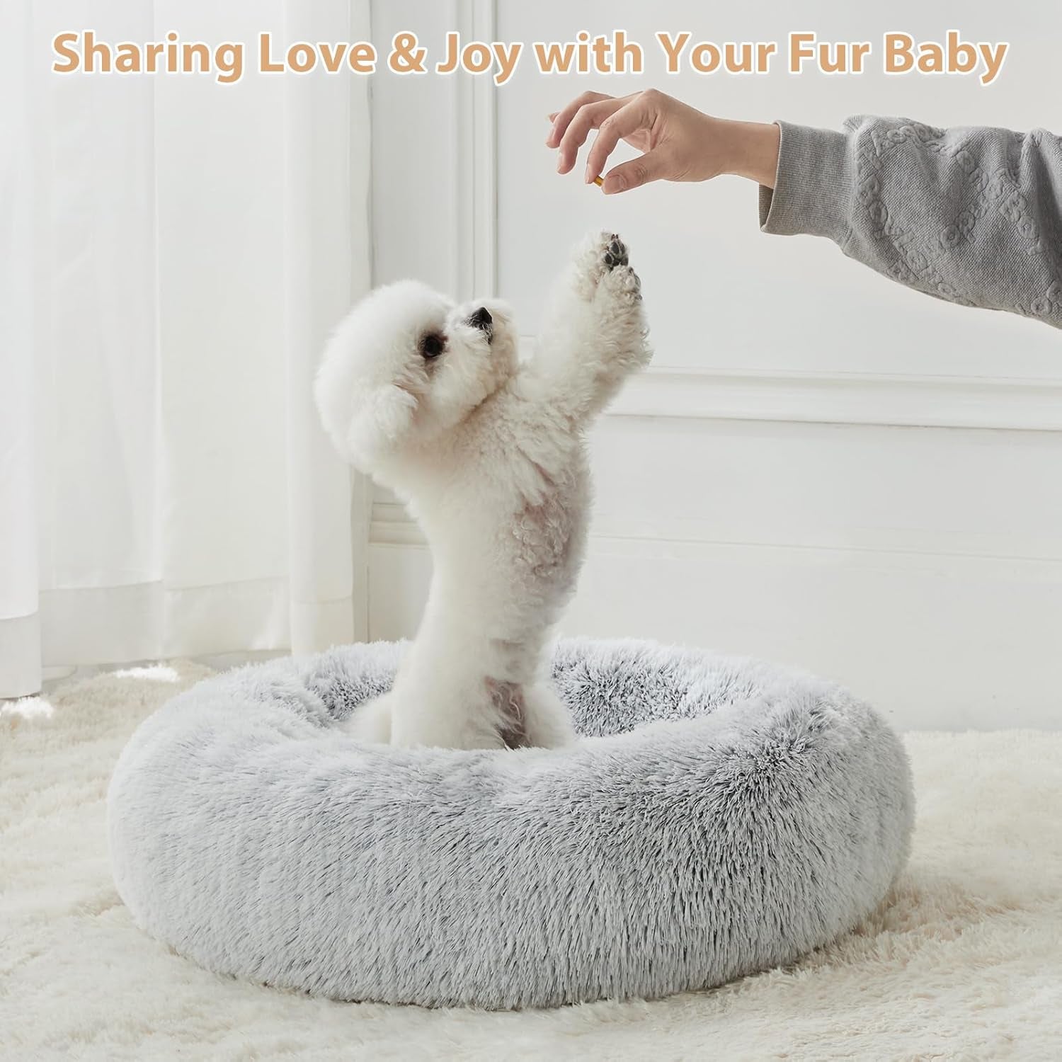 Calming Dog Bed & Cat Bed, Anti-Anxiety Donut Small Dog Bed, Fluffy Faux Fur Cat Cushion Dog Bed for Small Dogs and Cats (24 X 24 Inch, Light Grey)