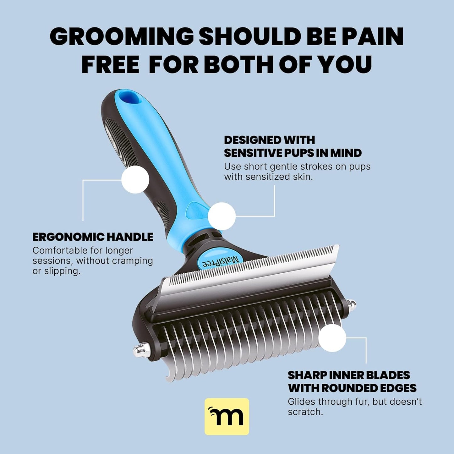 Dog Grooming Brush for Shedding - 2 in 1 Deshedding Tool and Undercoat Rake for Long and Short Haired Dogs with Double Coat - Dematting Comb and Pet Hair Deshedder Supplies (Large, Blue)