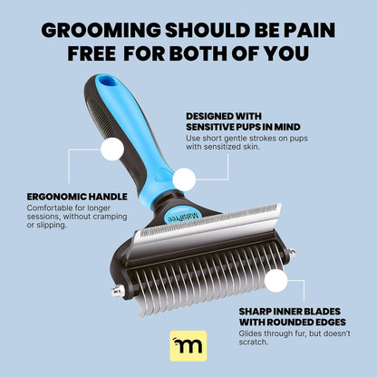 Dog Grooming Brush for Shedding - 2 in 1 Deshedding Tool and Undercoat Rake for Long and Short Haired Dogs with Double Coat - Dematting Comb and Pet Hair Deshedder Supplies (Large, Blue)